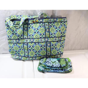 Vera Bradley Purse Tote Daisy Daisy + 3 Piece Carribean Sea Pouch Set 4 Total Pc